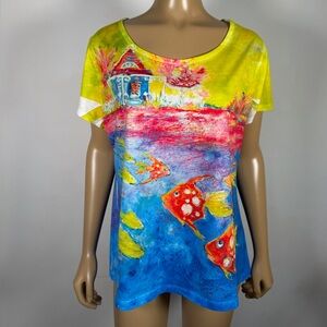 Leoma Lovegrove Women's Size Extra Large XL Colorful Fish Print Short Sleeve Top